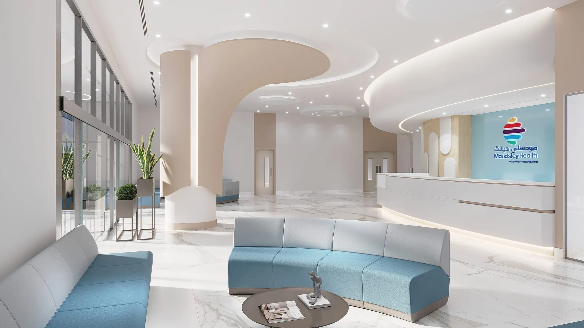 Architect’s visualisation of the hospital’s main entrance hall: a curved white reception desk beneath a sculpted ceiling, blue seating on marble flooring, and the Maudsley Health logo on a teal wall